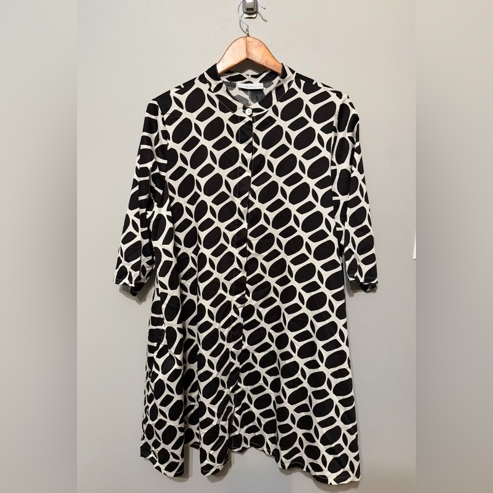 Bryn Walker Winona Tunic/Dress Mandarin Collar Button-Front Black/White EUC!